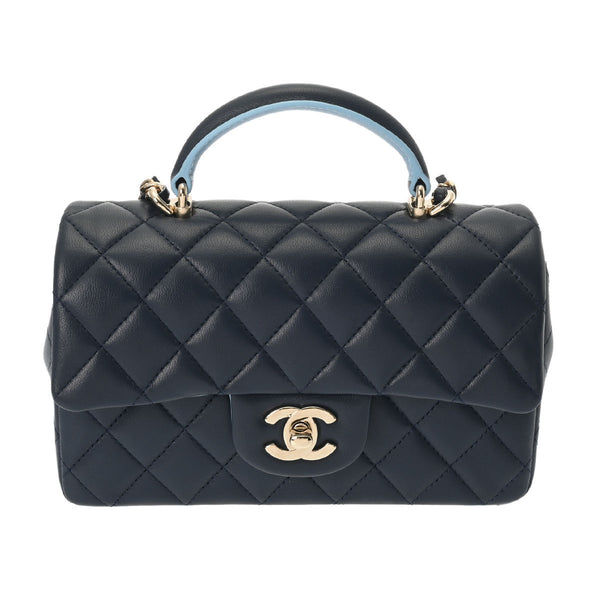 CHANEL シャネル マトラッセ トップハンドル 20cm 紺/水色 AS2431 レディース ラムスキン ショルダーバッグ 新同 中古 銀蔵