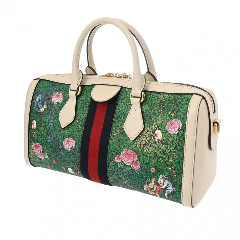 GUCCI グッチ 2WAYボストンバッグ ヒグチヨウココラボ ホワイト/グリーン 524532 レディース PVC レザー ハンドバッグ Aランク 中古 銀蔵