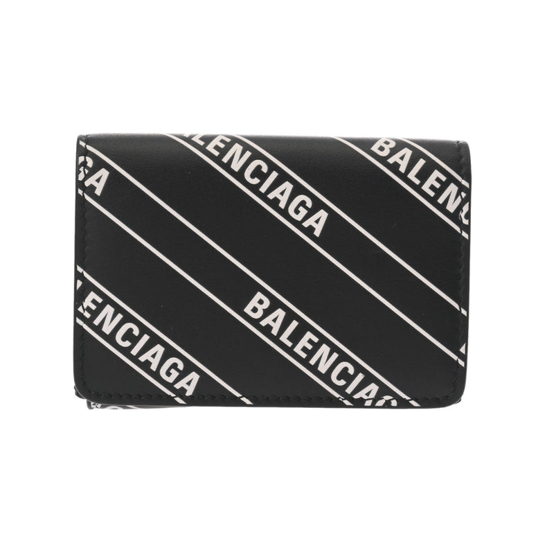 BALENCIAGA バレンシアガ コンパクトウォレット ホワイトロゴ ブラック ホワイト 551921 ユニセックス レザー 三つ折り財布 Aランク 中古 銀蔵