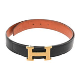 HERMES エルメス Hベルト ゴールドバックル サイズ85 リバーシブル ブラック/オレンジ □R刻印(2014年頃) メンズ ボックスカーフ/トゴ ベルト Bランク 中古 銀蔵