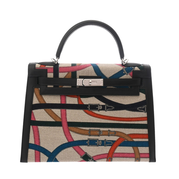 HERMES エルメス ケリー 32 外縫い カヴァルカドゥール ベージュ ブラック マルチカラー C刻印(2018年頃) レディース スイフト トワルドゥキャンプ 2WAYバッグ 新同 中古 銀蔵