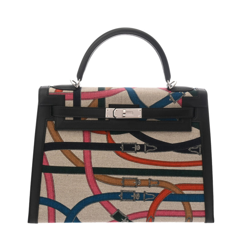 HERMES エルメス ケリー 32 外縫い カヴァルカドゥール ベージュ ブラック マルチカラー C刻印(2018年頃) レディース スイフト トワルドゥキャンプ 2WAYバッグ 新同 中古 銀蔵