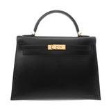 HERMES エルメス ケリー 32 外縫い 2WAY ブラック □E刻印(2001年頃) レディース ボックスカーフ ハンドバッグ Aランク 中古 銀蔵