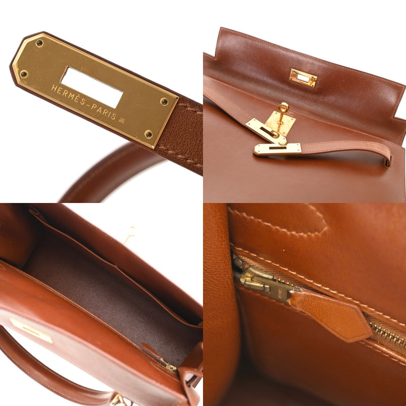 HERMES エルメス ケリー 32 外縫い 2WAY ノアゼット □F刻印(2002年頃) レディース ボックスカーフ ハンドバッグ Bランク 中古 銀蔵