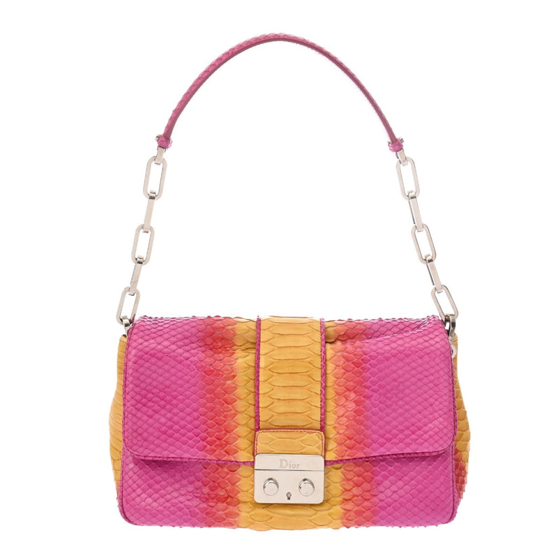 CHRISTIAN DIOR クリスチャンディオール ニューロックチェーンショルダー パープル/オレンジ/イエロー レディース パイソン ショルダーバッグ ABランク 中古 銀蔵