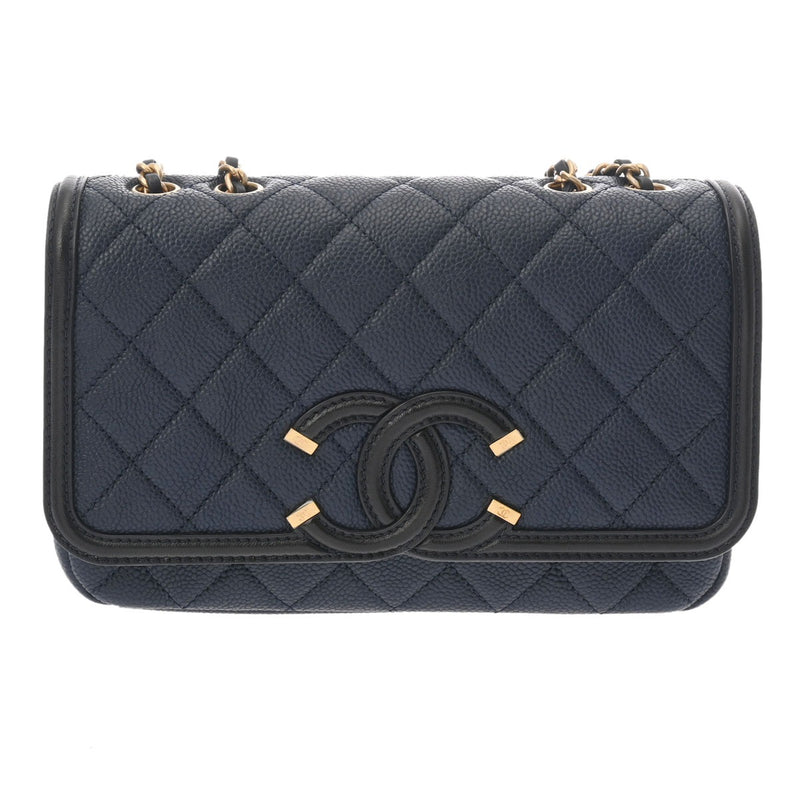 CHANEL シャネル CCフィリグリー チェーンショルダー ネイビー A93340 レディース キャビアスキン ショルダーバッグ Aランク 中古 銀蔵