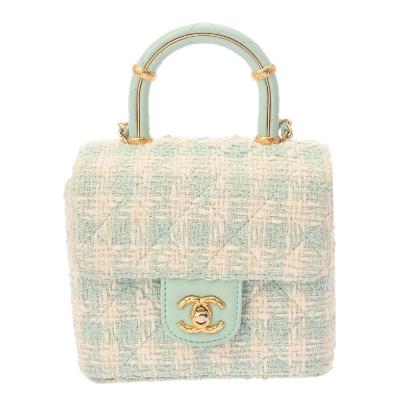 CHANEL シャネル トップハンドル 2WAYバッグ グリーン レディース ツイード レザー ショルダーバッグ Aランク 中古 銀蔵