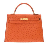 HERMES エルメス ケリー 32 外縫い 2WAY オレンジ □F刻印(2002年頃) レディース オーストリッチ ハンドバッグ ABランク 中古 銀蔵