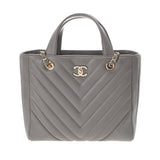 CHANEL シャネル Vステッチ チェーントート グレー A91642 レディース レザー トートバッグ ABランク 中古 銀蔵