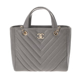 CHANEL シャネル Vステッチ チェーントート グレー A91642 レディース レザー トートバッグ ABランク 中古 銀蔵