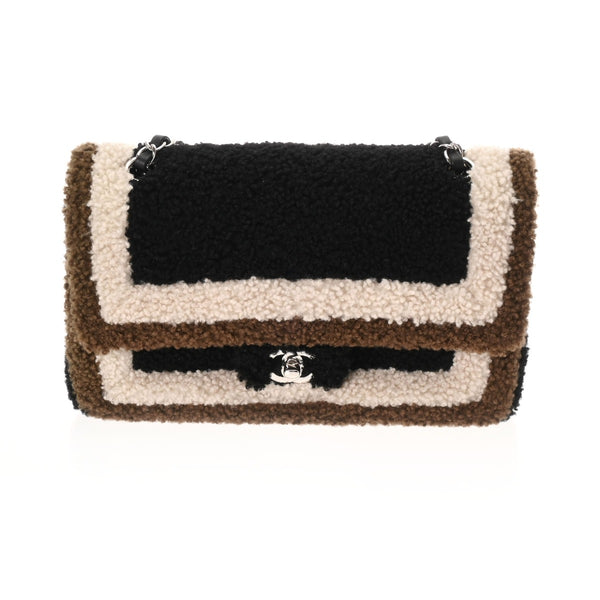 CHANEL シャネル マトラッセ チェーンショルダー 25cm Wフラップ ブラック/ホワイト/カーキ レディース ウール ショルダーバッグ Aランク 中古 銀蔵