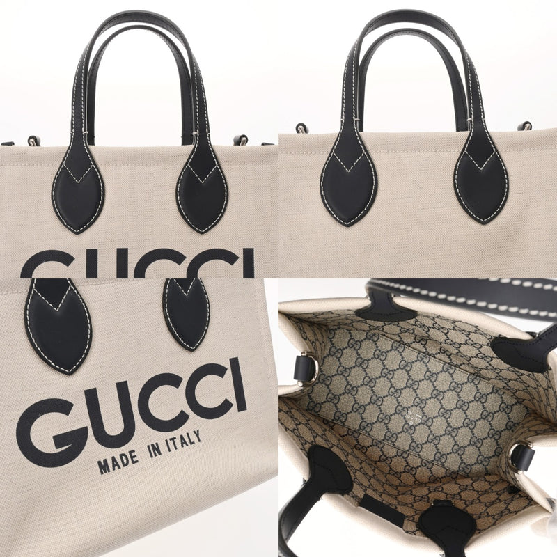 GUCCI グッチ GUCCIプリント スモールトートバッグ 2WAY ベージュ/ネイビー 772144 レディース コットンリネンキャンバス/レザー ハンドバッグ 新同 中古 銀蔵