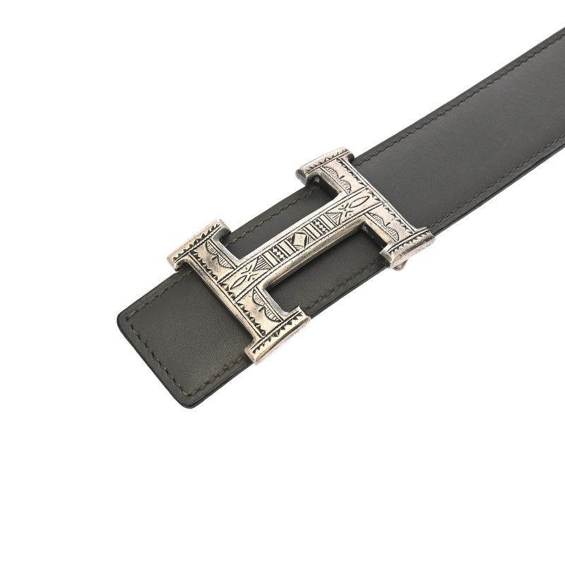 HERMES エルメス Hベルト トゥアレグバックル サイズ85 ブラック/グレー □C刻印(1999年頃) メンズ ボックスカーフ ベルト ABランク 中古 銀蔵