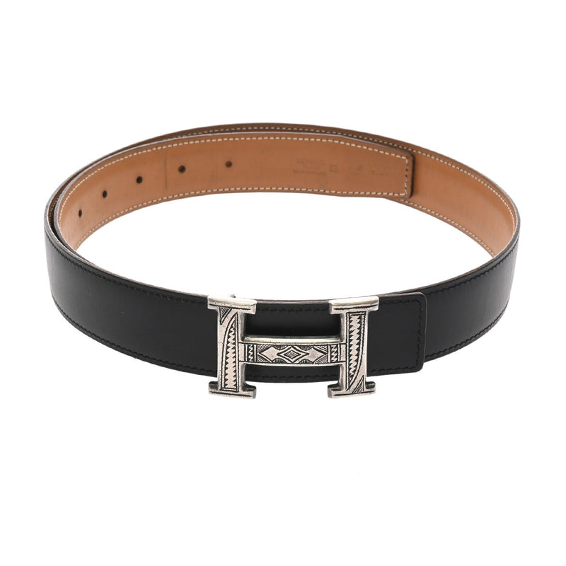 HERMES エルメス Hベルト トゥアレグバックル サイズ90cm ブラック/ナチュラル □G刻印(2003年頃) メンズ ボックスカーフ ヴォースイフト ベルト Bランク 中古 銀蔵