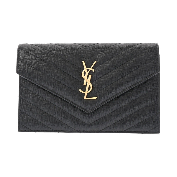 SAINT LAURENT サンローラン カサンドラ エンベロープ ブラック 742920 レディース レザー チェーンウォレット Aランク 中古 銀蔵