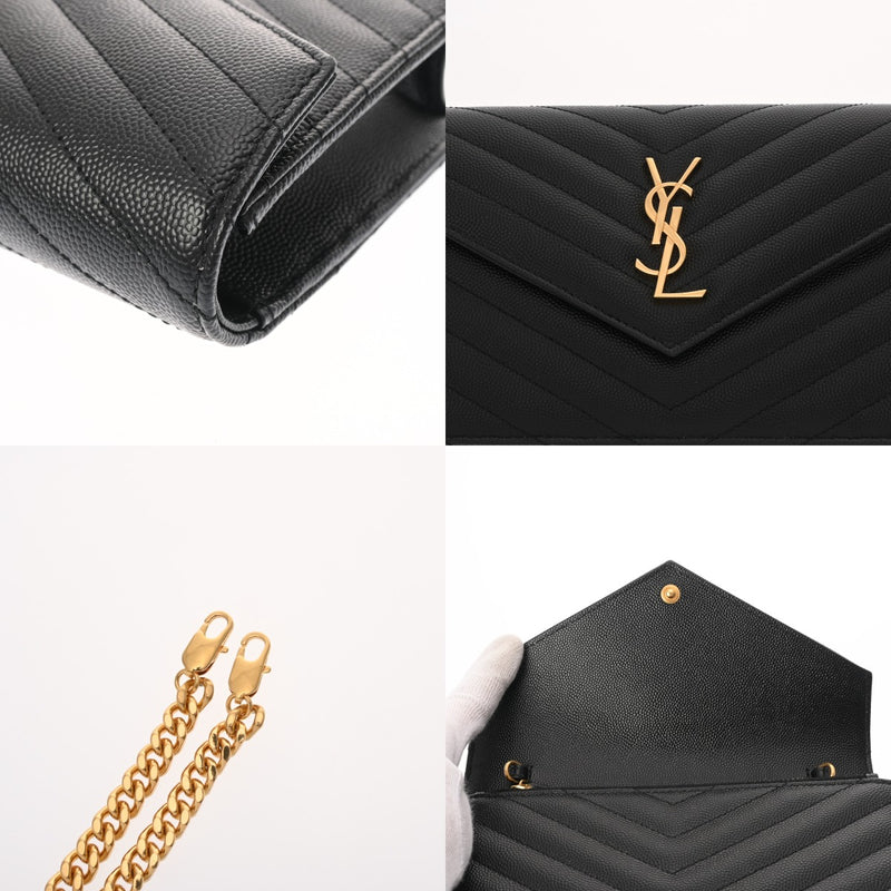 SAINT LAURENT サンローラン カサンドラ エンベロープ ブラック 742920 レディース レザー チェーンウォレット Aランク 中古 銀蔵