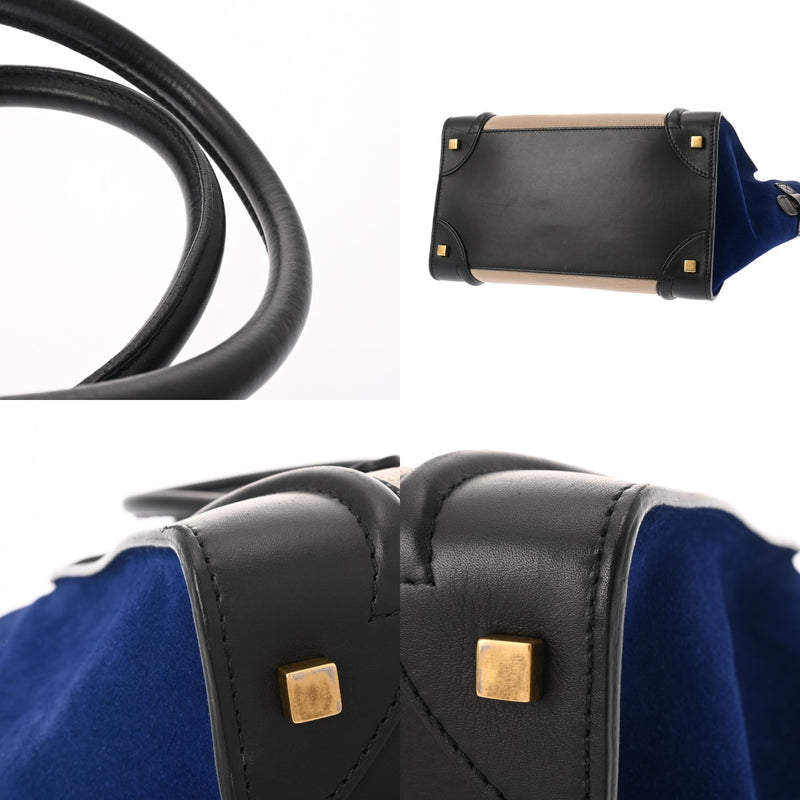 CELINE セリーヌ ラゲージ ミニショッパー ブラック/ブルー/グレー 165213 レディース スムースカーフ/スエード ハンドバッグ Bランク 中古 銀蔵