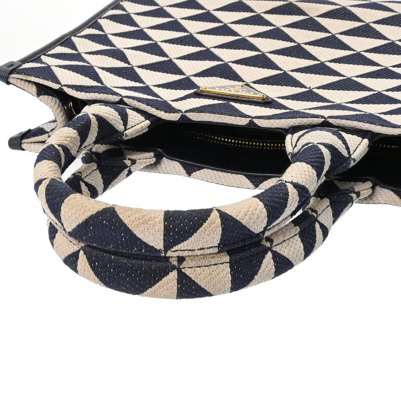 PRADA プラダ トライアングルジャガード 2WAY ネイビー/ホワイト 1BA354 レディース キャンバス トートバッグ ABランク 中古 銀蔵