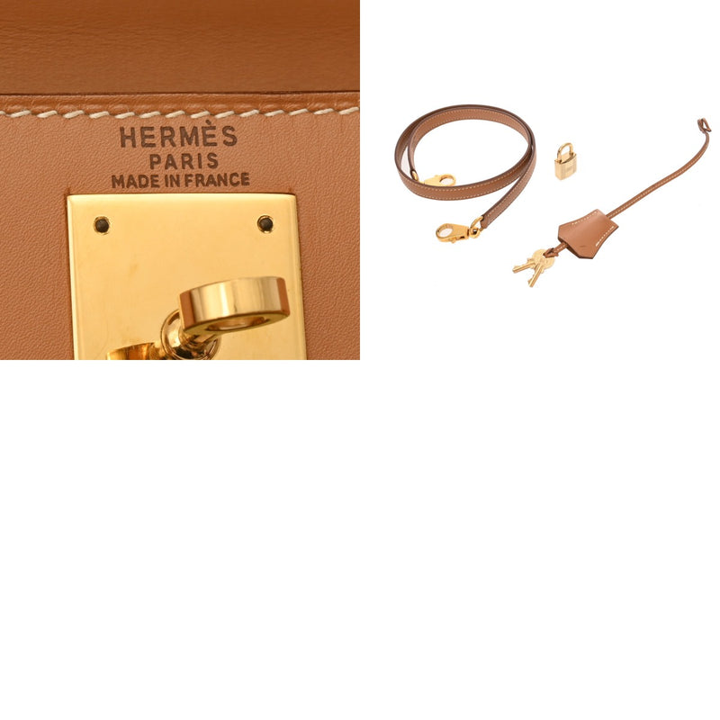 HERMES エルメス ケリー 28 外縫い 2WAY ナチュラル ○U刻印(1991年頃) レディース ボックスカーフ ハンドバッグ Bランク 中古 銀蔵