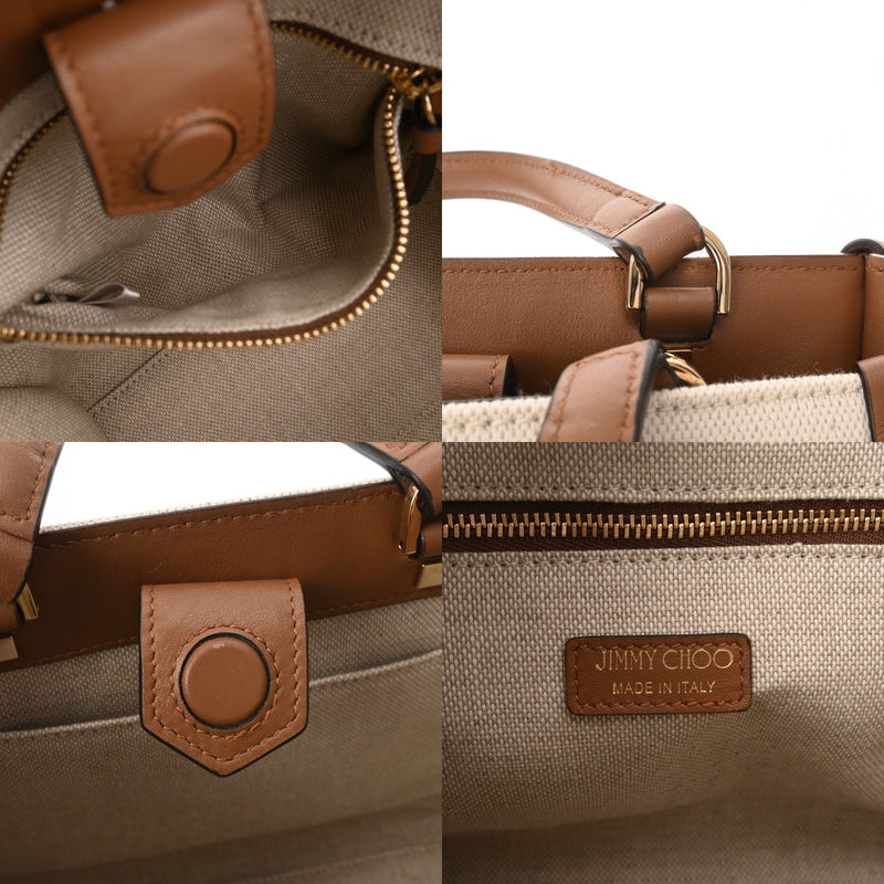 JIMMY CHOO ジミーチュウ 2WAY トートバッグ ホワイト/ブラウン レディース キャンバス レザー ショルダーバッグ Aランク 中古 銀蔵