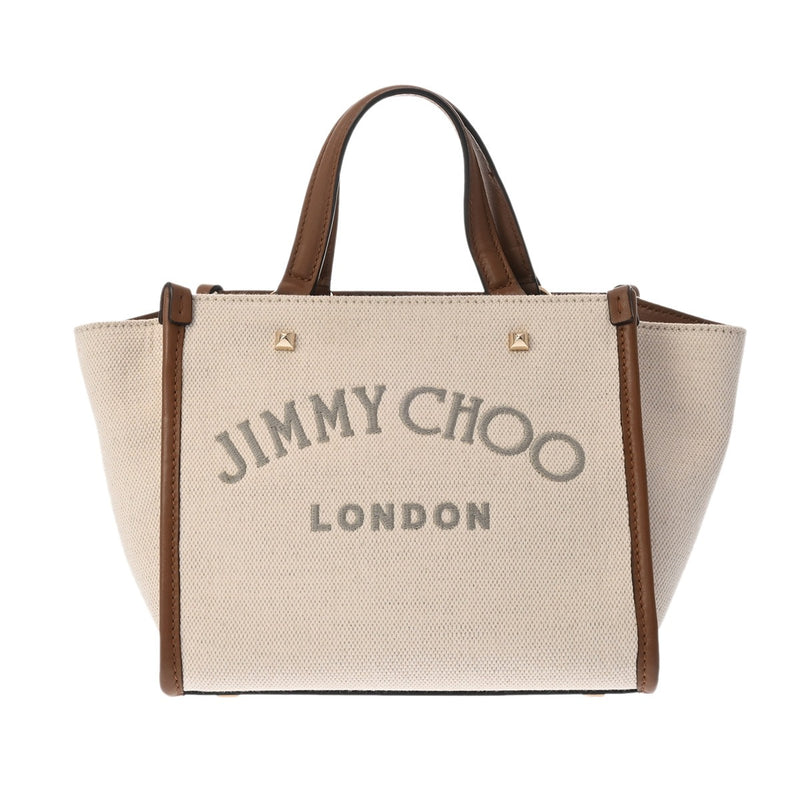 JIMMY CHOO ジミーチュウ 2WAY トートバッグ ホワイト/ブラウン レディース キャンバス レザー ショルダーバッグ Aランク 中古 銀蔵