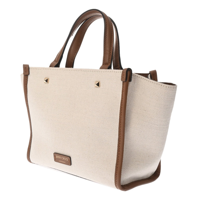 JIMMY CHOO ジミーチュウ 2WAY トートバッグ ホワイト/ブラウン レディース キャンバス レザー ショルダーバッグ Aランク 中古 銀蔵