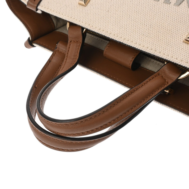 JIMMY CHOO ジミーチュウ 2WAY トートバッグ ホワイト/ブラウン レディース キャンバス レザー ショルダーバッグ Aランク 中古 銀蔵