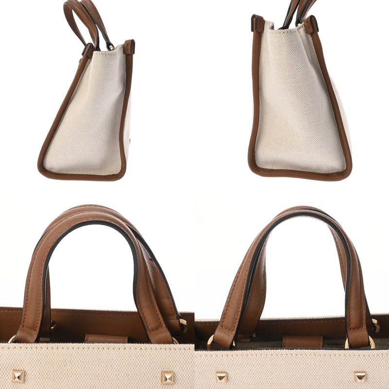 JIMMY CHOO ジミーチュウ 2WAY トートバッグ ホワイト/ブラウン レディース キャンバス レザー ショルダーバッグ Aランク 中古 銀蔵