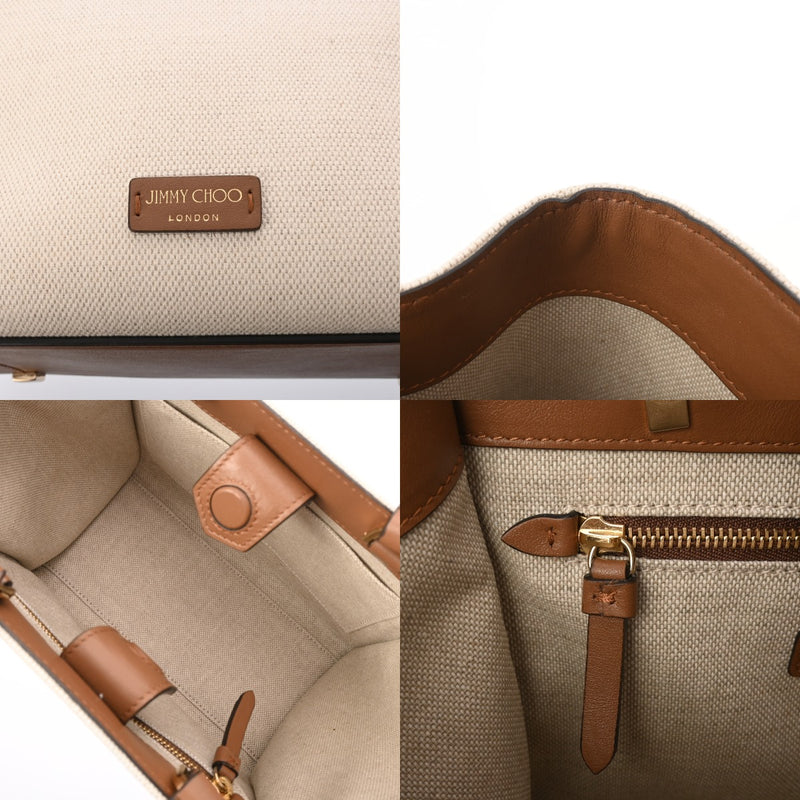 JIMMY CHOO ジミーチュウ 2WAY トートバッグ ホワイト/ブラウン レディース キャンバス レザー ショルダーバッグ Aランク 中古 銀蔵