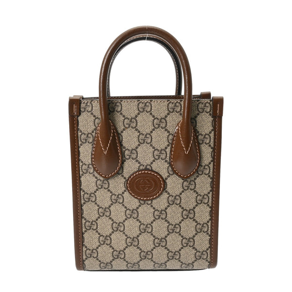 GUCCI グッチ インターロッキングG ミニトート ベージュ/ブラウン 671623 レディース GGスプリームキャンバス レザー トートバッグ ABランク 中古 銀蔵
