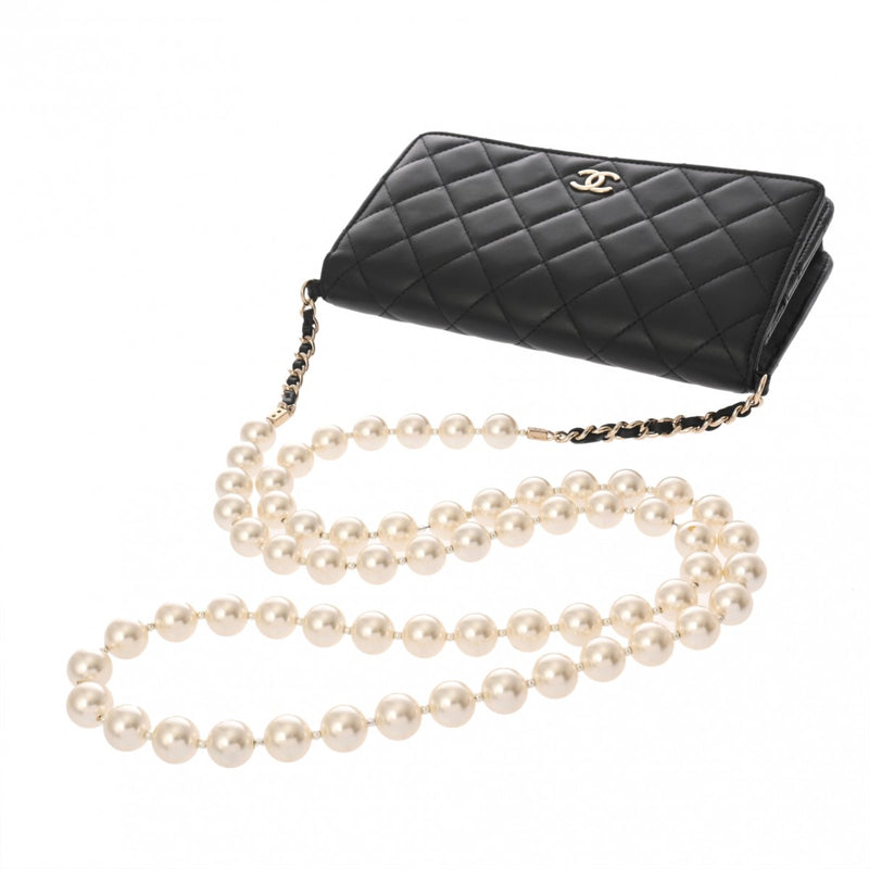 CHANEL シャネル マトラッセ チェーンウォレット パール ブラック レディース ラムスキン ショルダーバッグ ABランク 中古 銀蔵