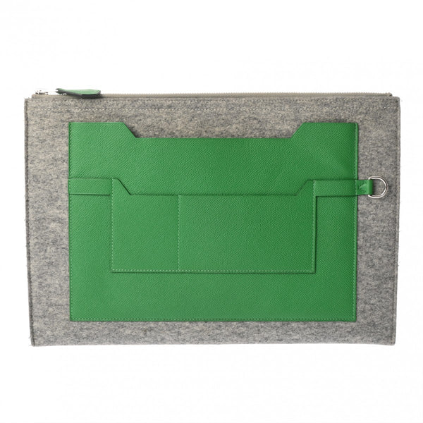 HERMES エルメス トゥードゥー 37 グレー/グリーン A刻印(2017年頃) ユニセックス フェルト ヴォーエプソン クラッチバッグ Aランク 中古 銀蔵