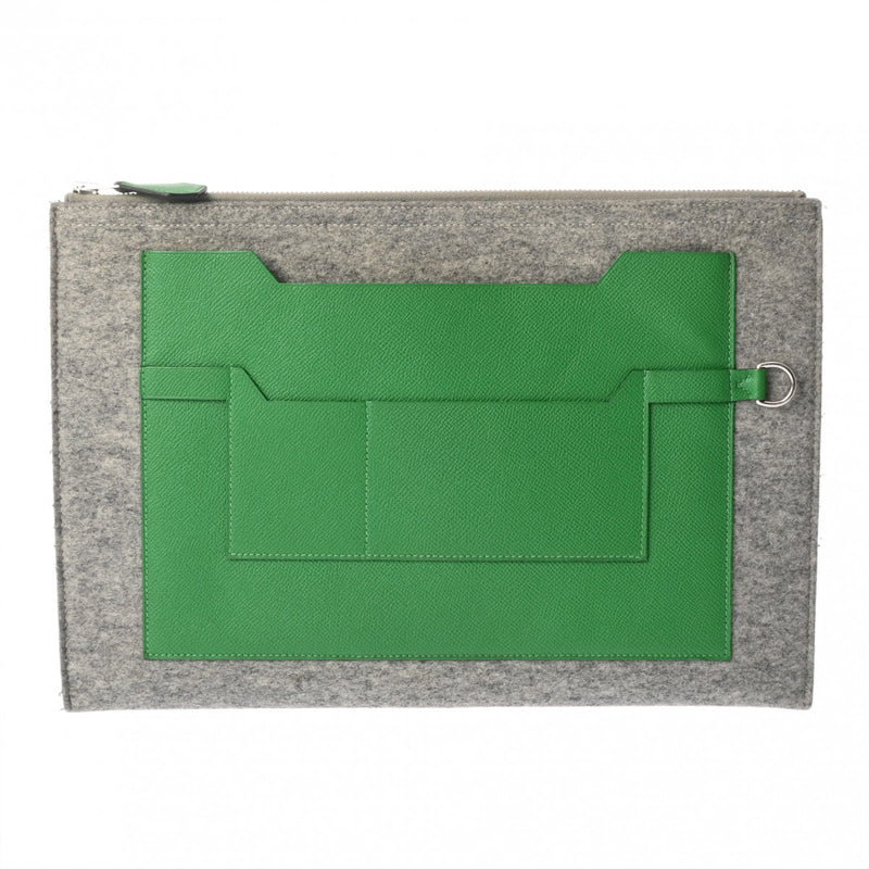 HERMES エルメス トゥードゥー 37 グレー/グリーン A刻印(2017年頃) ユニセックス フェルト ヴォーエプソン クラッチバッグ Aランク 中古 銀蔵