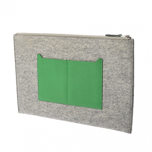 HERMES エルメス トゥードゥー 37 グレー/グリーン A刻印(2017年頃) ユニセックス フェルト ヴォーエプソン クラッチバッグ Aランク 中古 銀蔵