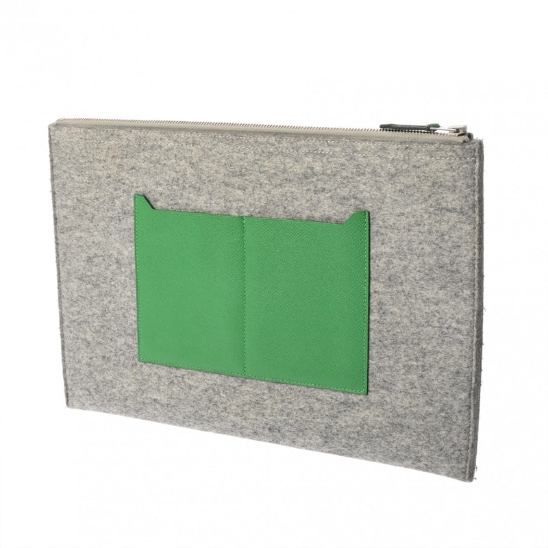 HERMES エルメス トゥードゥー 37 グレー/グリーン A刻印(2017年頃) ユニセックス フェルト ヴォーエプソン クラッチバッグ Aランク 中古 銀蔵