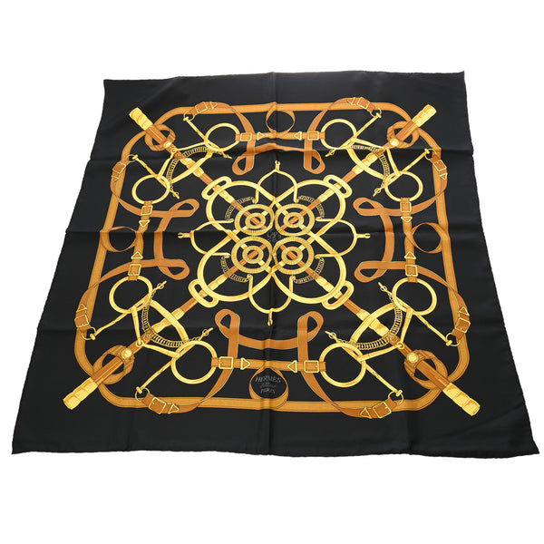 HERMES エルメス カレ90 EPERON DOR ブラック/ゴールド レディース シルク100％ スカーフ Aランク 中古 銀蔵