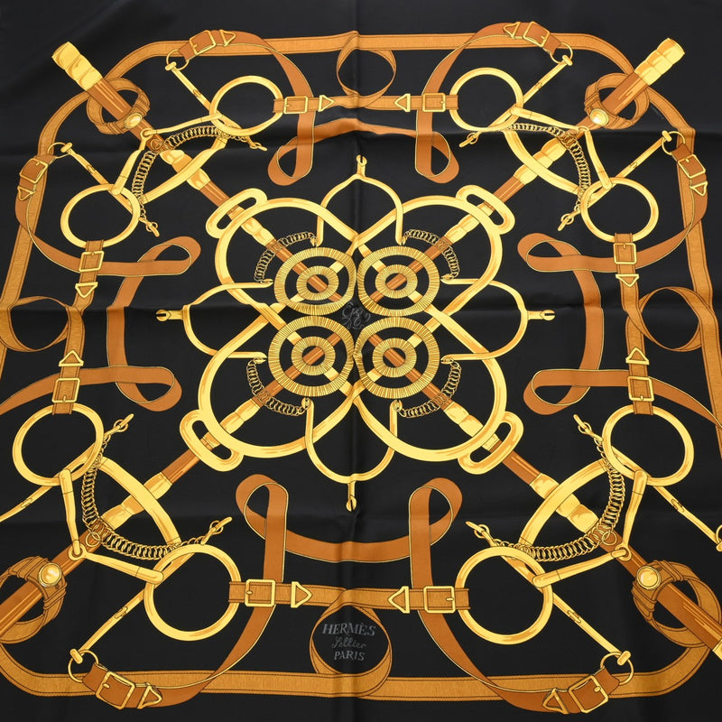 HERMES エルメス カレ90 EPERON DOR ブラック/ゴールド レディース シルク100％ スカーフ Aランク 中古 銀蔵