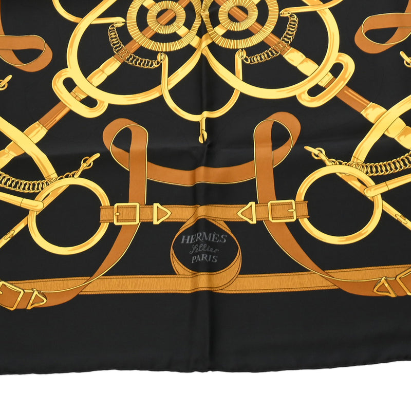 HERMES エルメス カレ90 EPERON DOR ブラック/ゴールド レディース シルク100％ スカーフ Aランク 中古 銀蔵
