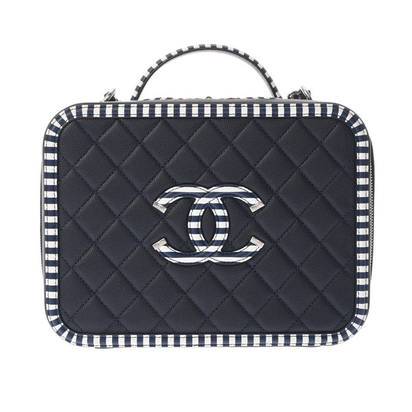 CHANEL シャネル マトラッセ CCフィリグリー ネイビー/ホワイト レディース キャビアスキン バニティバッグ ABランク 中古 銀蔵