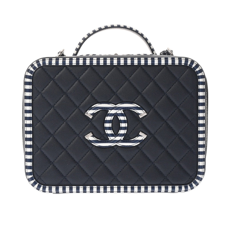 CHANEL シャネル マトラッセ CCフィリグリー ネイビー/ホワイト レディース キャビアスキン バニティバッグ ABランク 中古 銀蔵