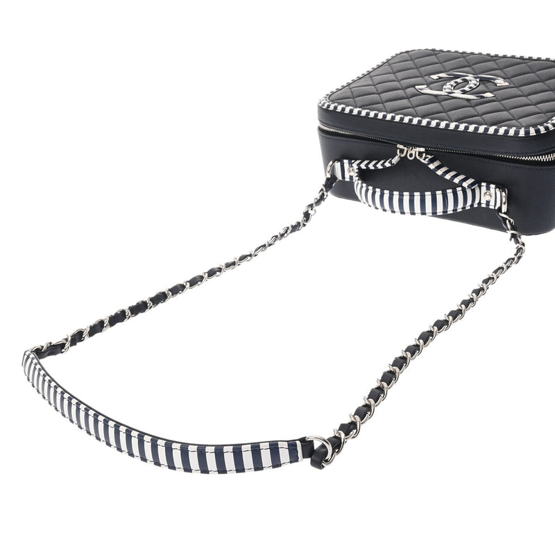 CHANEL シャネル マトラッセ CCフィリグリー ネイビー/ホワイト レディース キャビアスキン バニティバッグ ABランク 中古 銀蔵