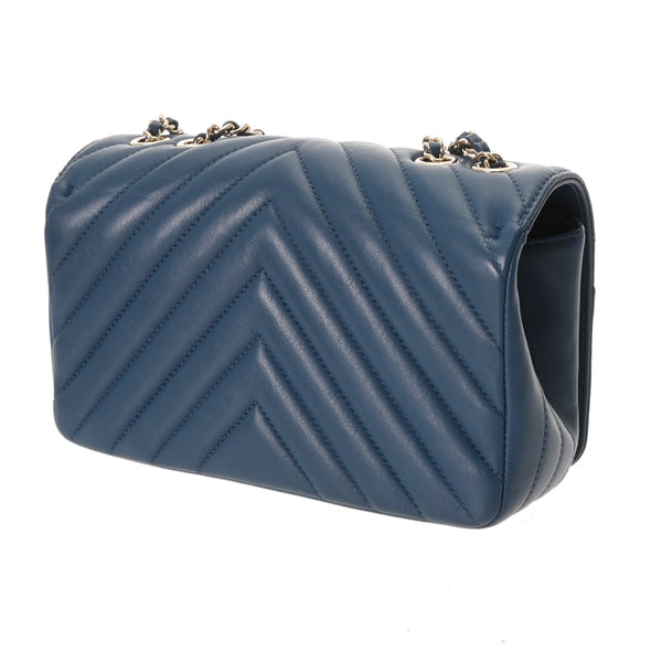 CHANEL シャネル Vステッチ チェーンショルダー 20cm ブルー レディース ラムスキン ショルダーバッグ ABランク 中古 銀蔵