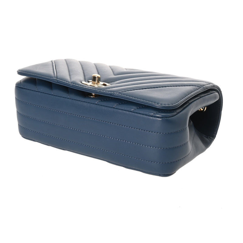 CHANEL シャネル Vステッチ チェーンショルダー 20cm ブルー レディース ラムスキン ショルダーバッグ ABランク 中古 銀蔵