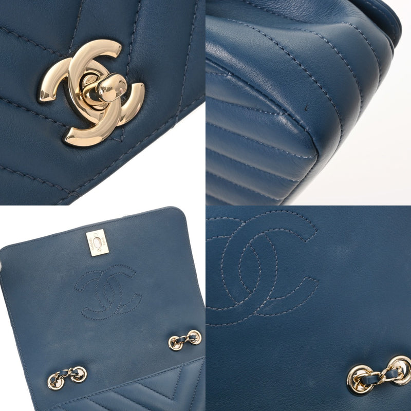 CHANEL シャネル Vステッチ チェーンショルダー 20cm ブルー レディース ラムスキン ショルダーバッグ ABランク 中古 銀蔵