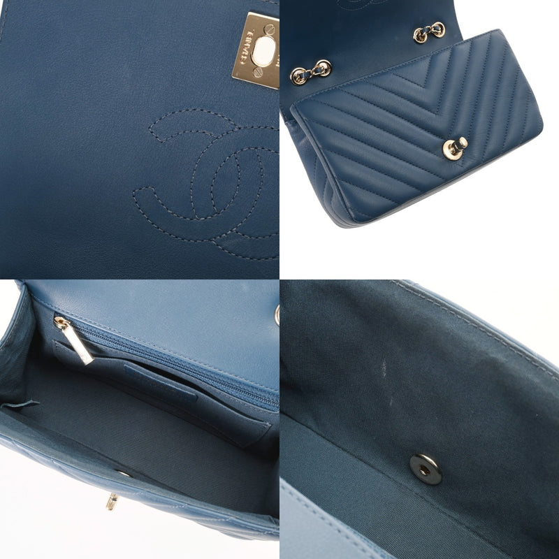 CHANEL シャネル Vステッチ チェーンショルダー 20cm ブルー レディース ラムスキン ショルダーバッグ ABランク 中古 銀蔵