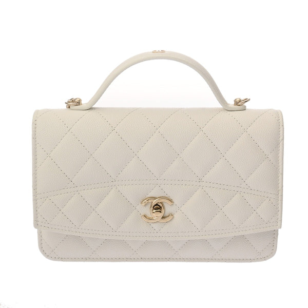 CHANEL シャネル マトラッセ トップハンドル チェーンウォレット ホワイト A92990 レディース キャビアスキン ハンドバッグ 新同 中古 銀蔵