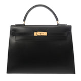 HERMES エルメス ケリー32 外縫い ブラック ○V刻印(1992年頃) レディース ボックスカーフ 2WAYバッグ Aランク 中古 銀蔵