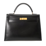 HERMES エルメス ケリー 32 外縫い ブラック 〇U刻印(1991年頃) レディース ボックスカーフ 2WAYバッグ Aランク 中古 銀蔵