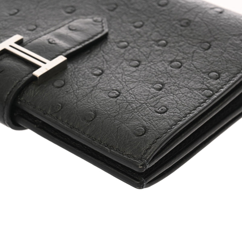 HERMES エルメス ベアンコンパクト ブラック Z刻印(2021年頃) ユニセックス オーストリッチ 二つ折り財布 ABランク 中古 銀蔵