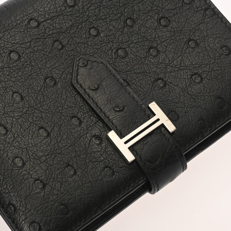 HERMES エルメス ベアンコンパクト ブラック Z刻印(2021年頃) ユニセックス オーストリッチ 二つ折り財布 ABランク 中古 銀蔵